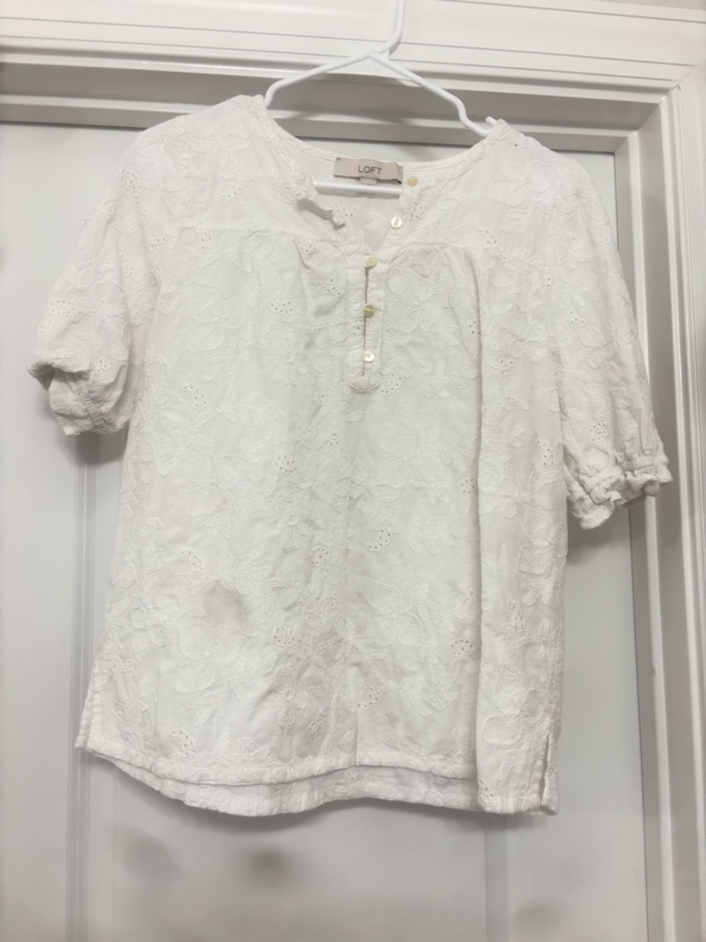 LOFT White Eyelet Floral Button Front Top